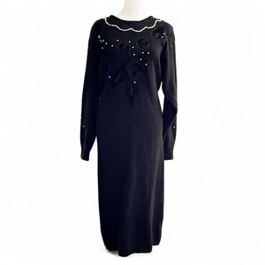 Vintage 80’s Maggie Lawrence’s black sweater dress with faux pearl details. Size